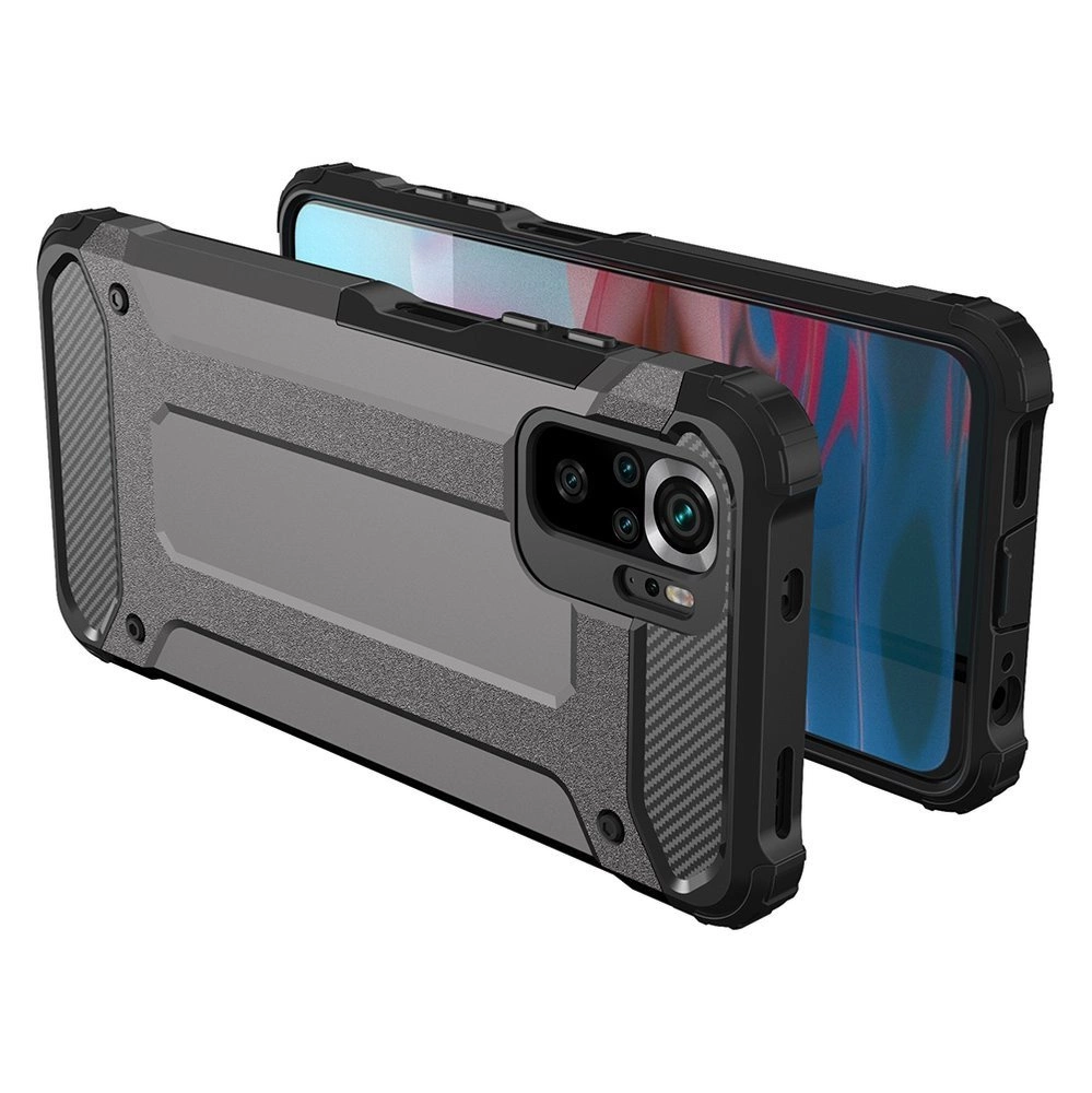 Custodia per smartphone nera e grigia resistente con design protettivo.