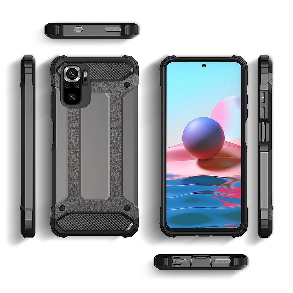 Diverse angolature di una custodia nera e robusta per smartphone, con retro, schermo, tasti e porte.
