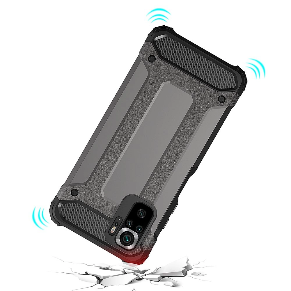 Una robusta custodia per telefono protegge un dispositivo che cade su una superficie screpolata con onde sonore.