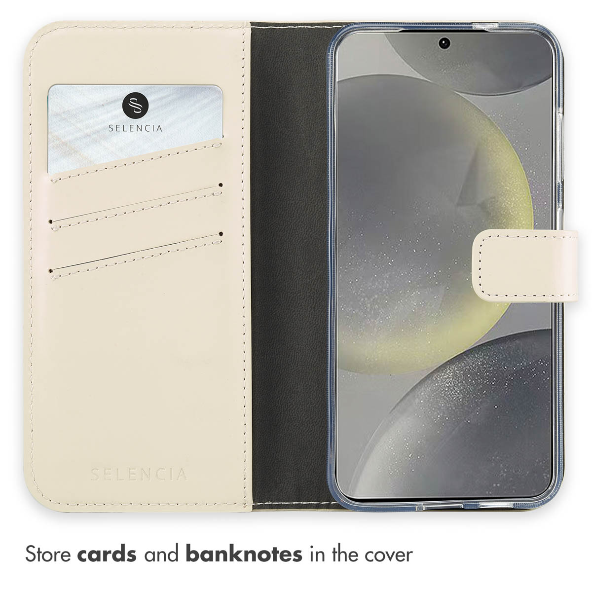 Custodia a portafoglio beige con tasche per carte e uno smartphone all'interno.