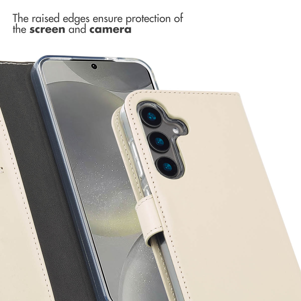 Custodia per telefono in pelle beige con bordi rialzati che proteggono lo schermo e la fotocamera.