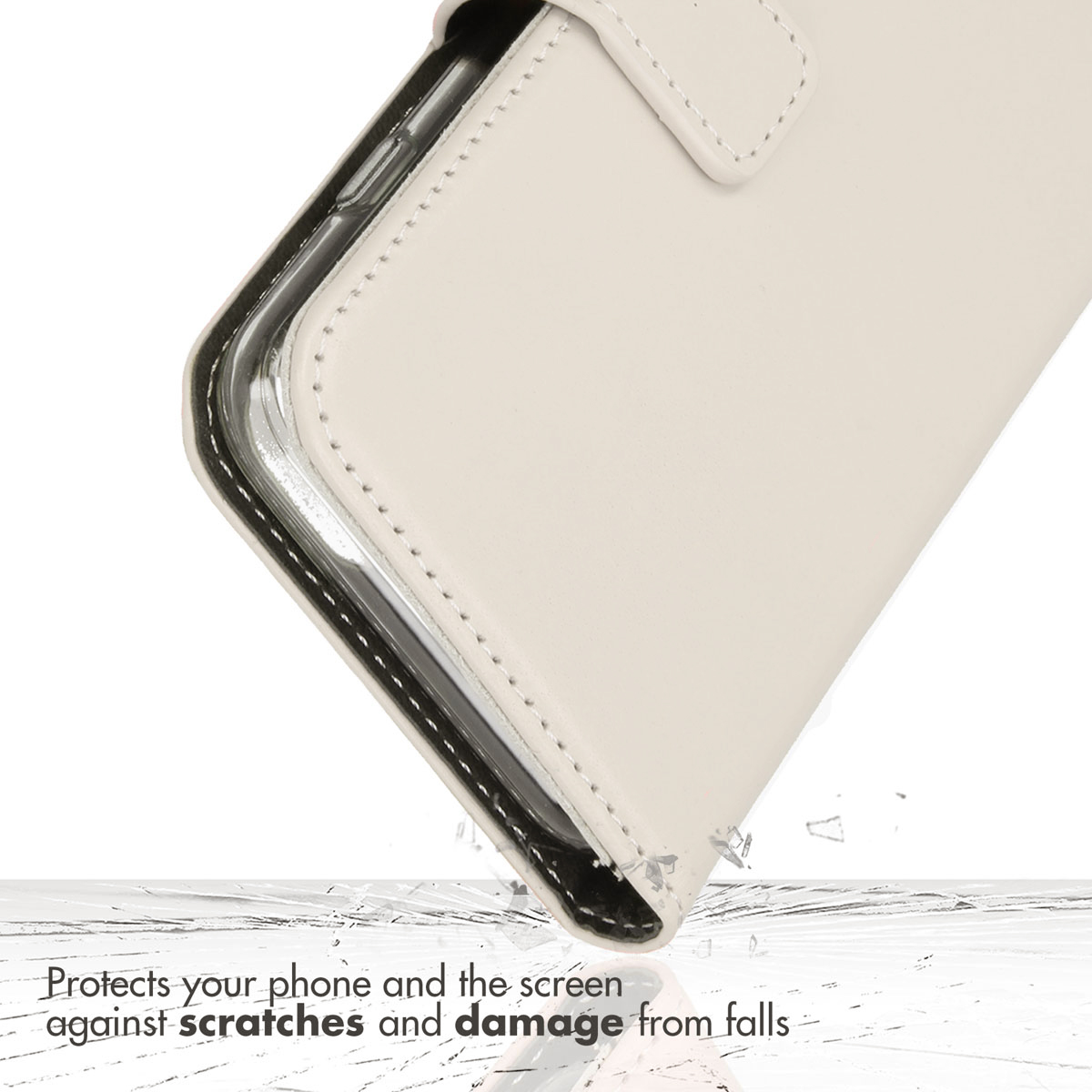 Una funda de móvil tipo libro en color beige protege contra caídas.