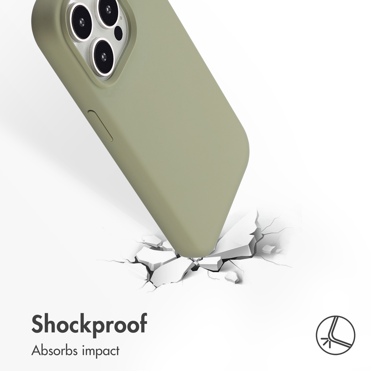 Olivgrüne Handyhülle fällt auf eine brechende weiße Oberfläche, mit Text 'Shockproof'.