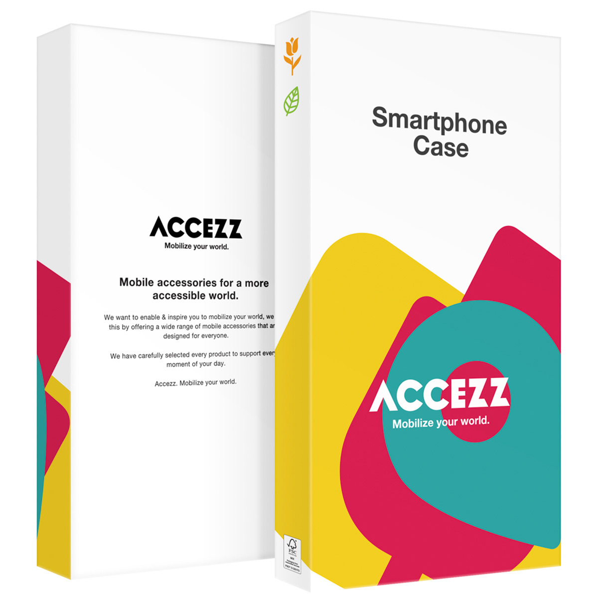 Białe opakowanie na etui do telefonu z logo Accezz i kolorowymi wzorami fal w kolorze żółtym, różowym i turkusowym.