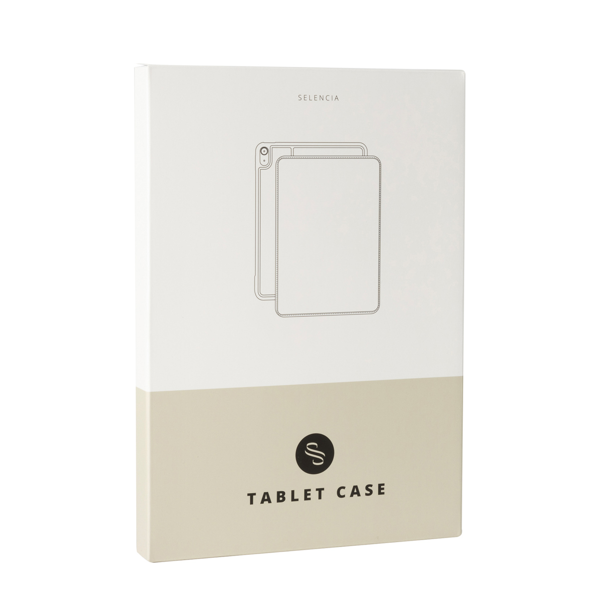 Emballage blanc et beige pour étui de tablette Selencia avec croquis imprimé.