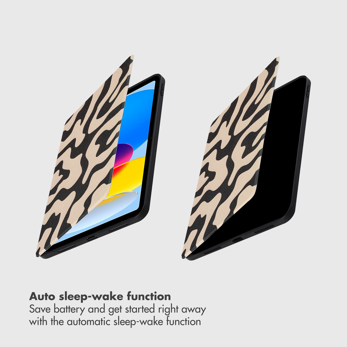 Twee tablets in panterprint hoesjes; één actief, één in slaapstand. Onderaan tekst over de auto sleep-wake functie.