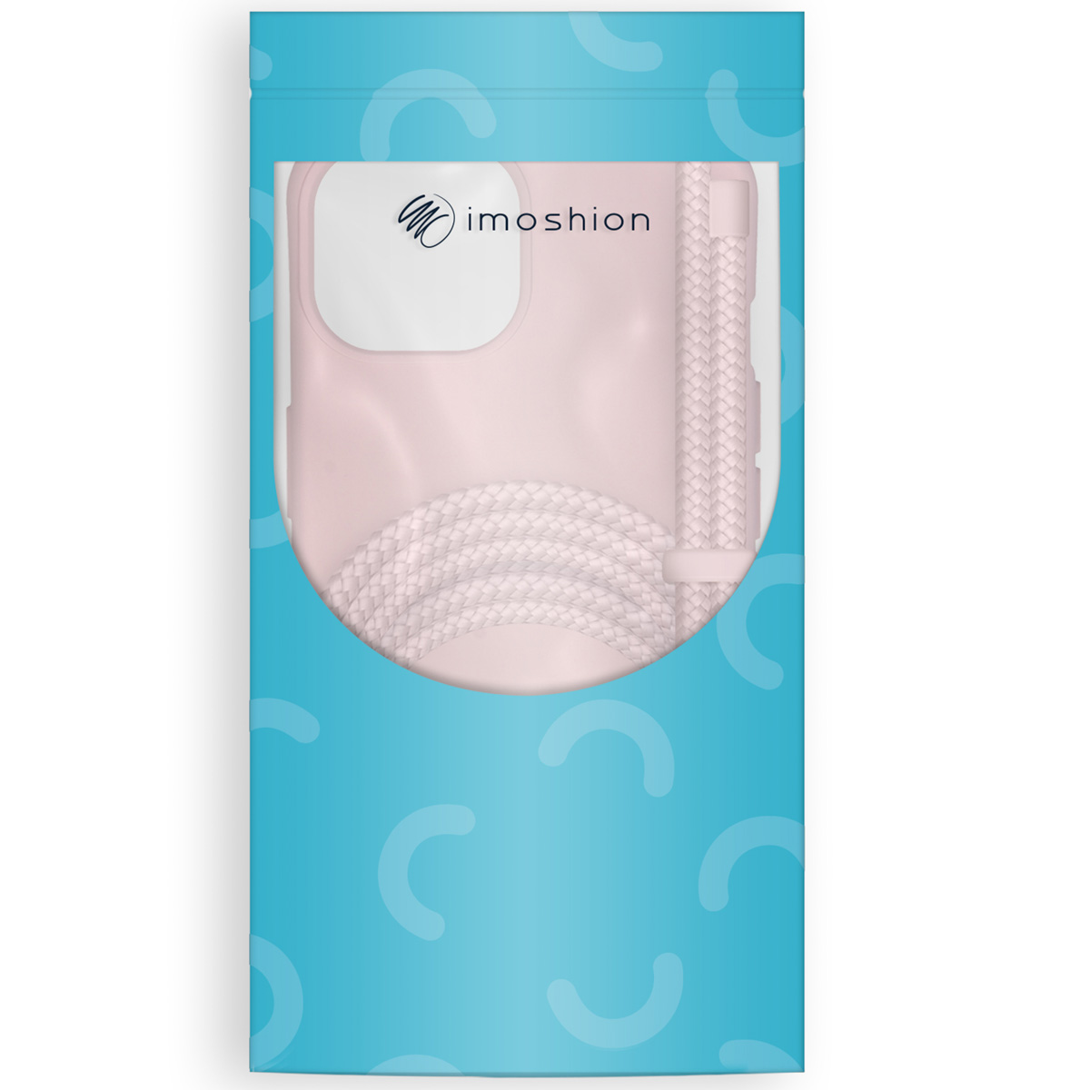 Coque de téléphone rose avec lanière dans un emballage bleu.