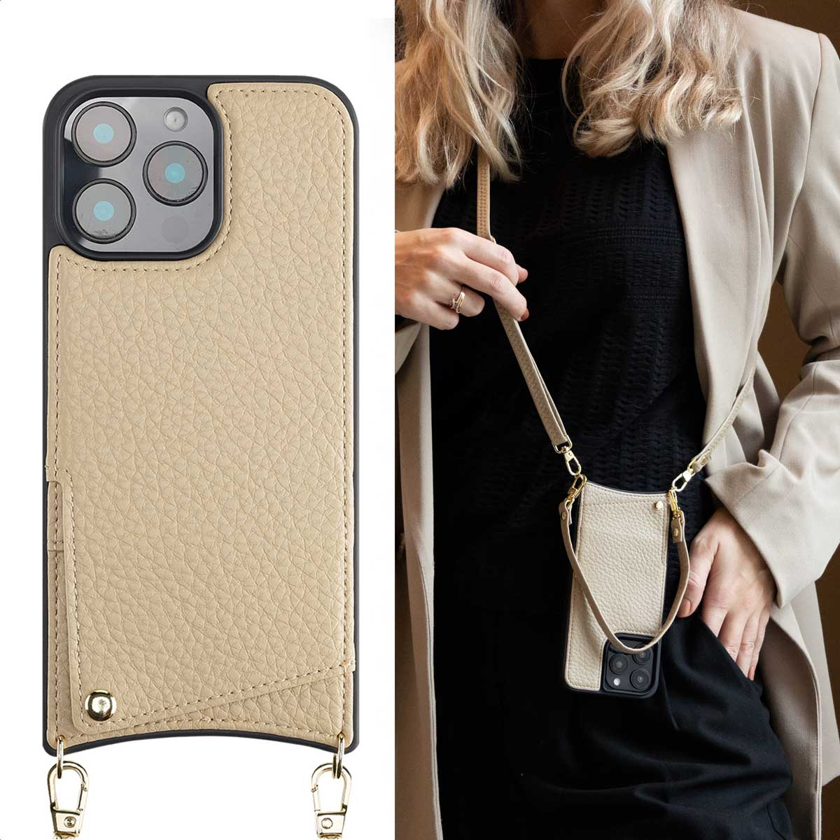 Funda de cuero beige texturizado con correa para el hombro, usada por una mujer.