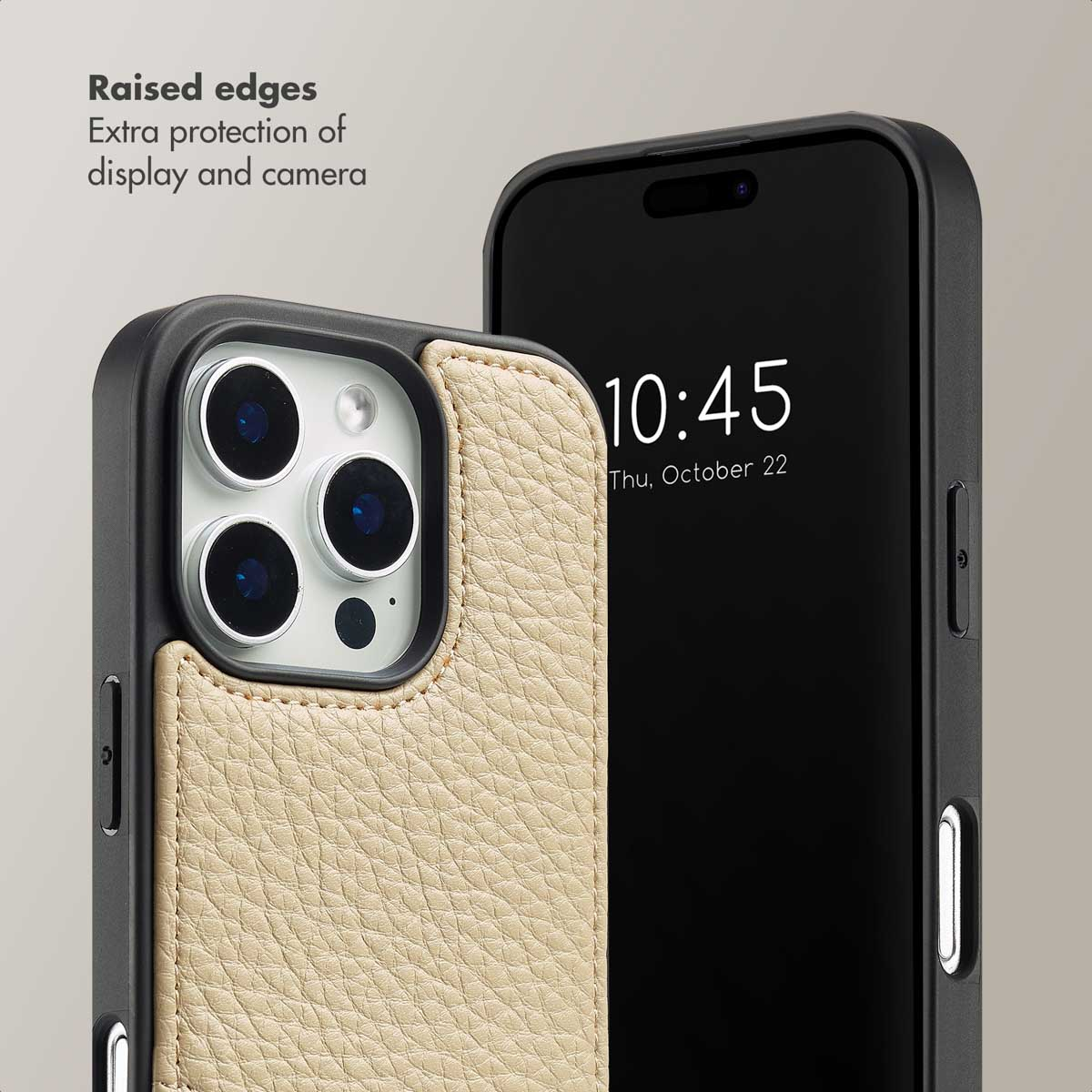 Smartphone con funda de cuero beige que muestra bordes elevados para proteger pantalla y cámara.