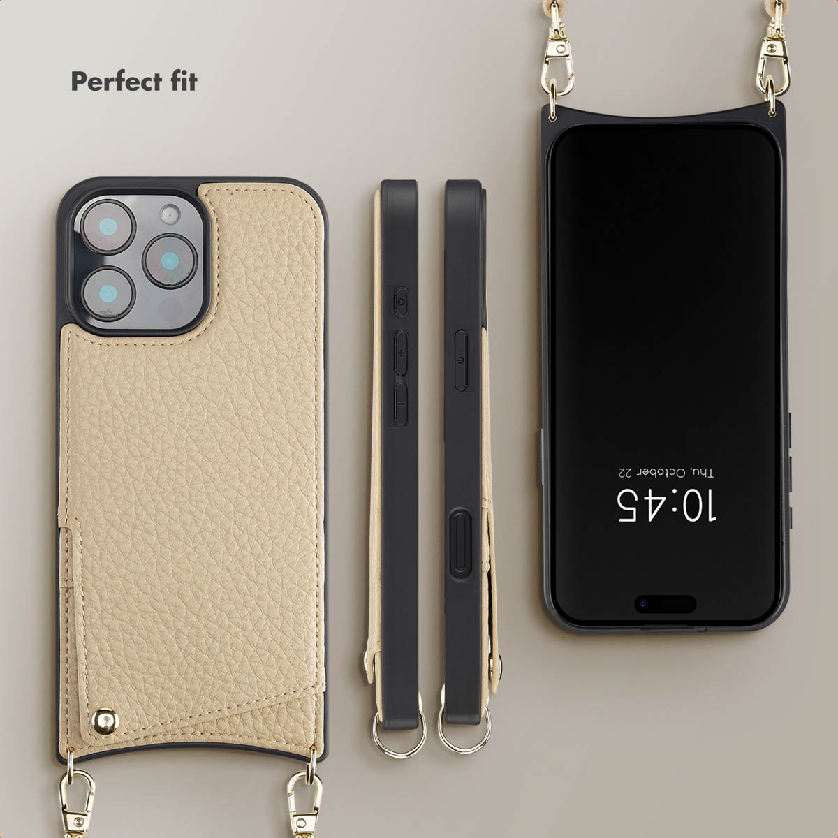 Funda de móvil de cuero beige con bolsillo para tarjetas, botones y correa desde varios ángulos.