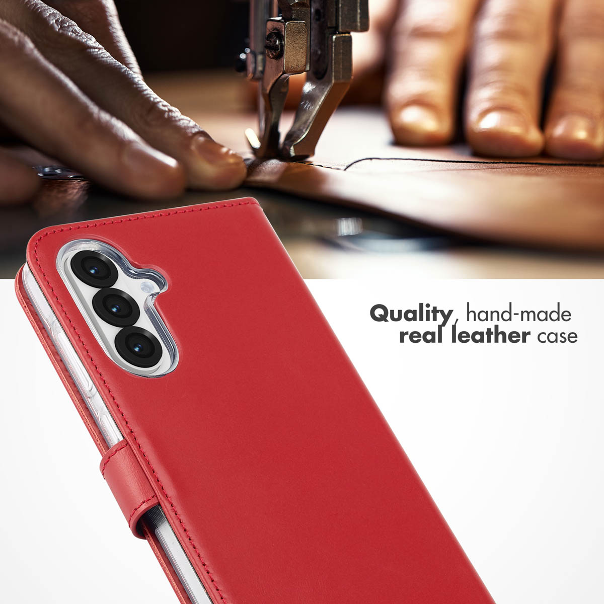 Fundador de cuero real hecho a mano rojo en primer plano, con cuero siendo cosido en el fondo.