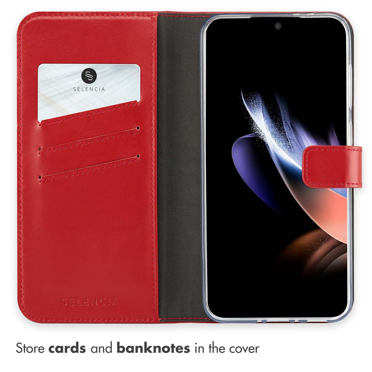 Una funda de móvil de cuero rojo con una tarjeta y un teléfono con un fondo de pantalla abstracto.