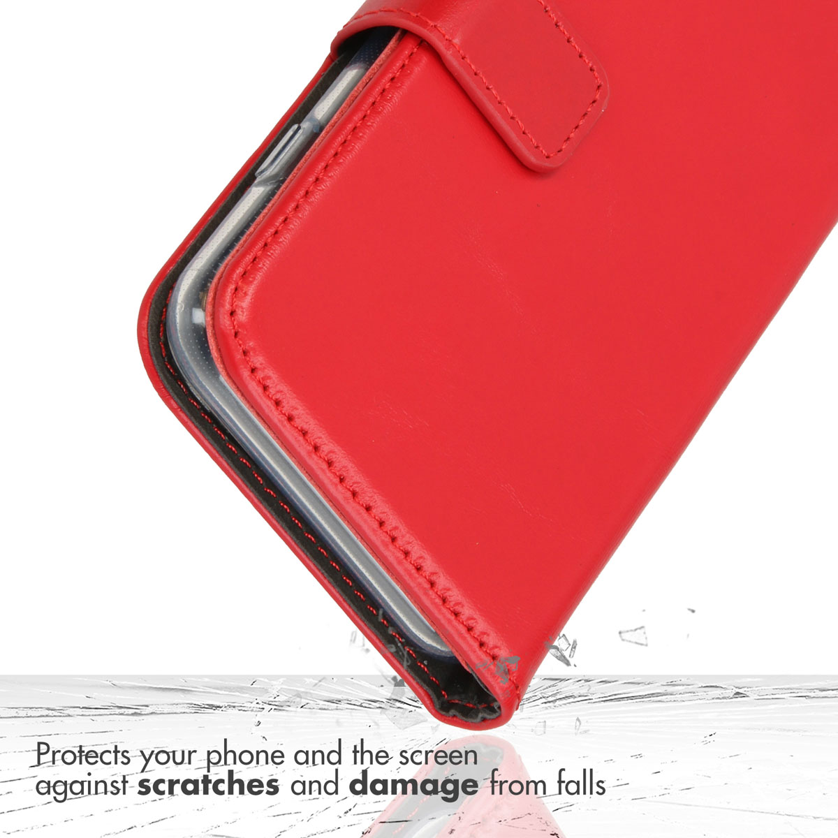 Custodia per telefono in pelle rossa che protegge da graffi e cadute.
