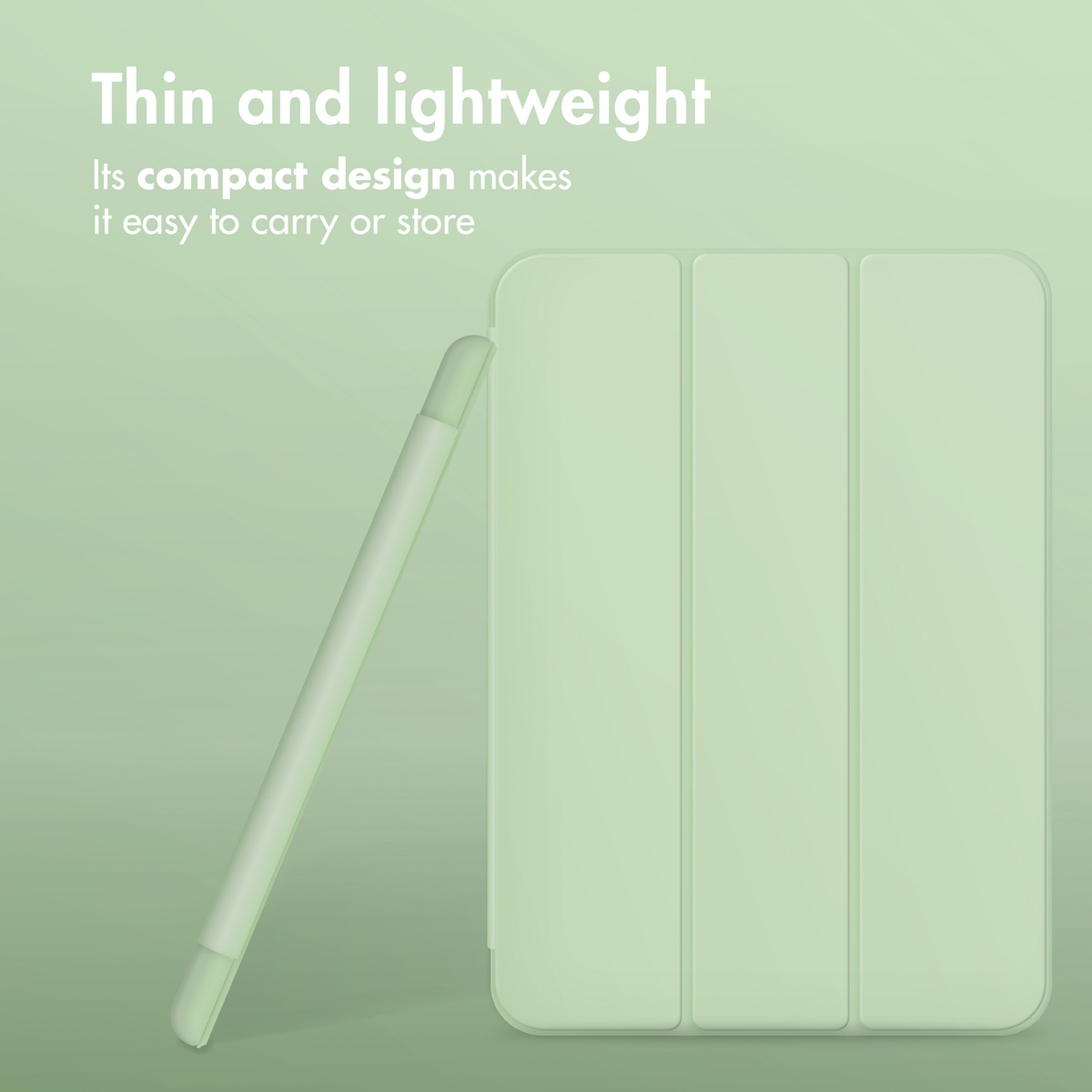 A light green tablet case and stylus on a matching green background with text.