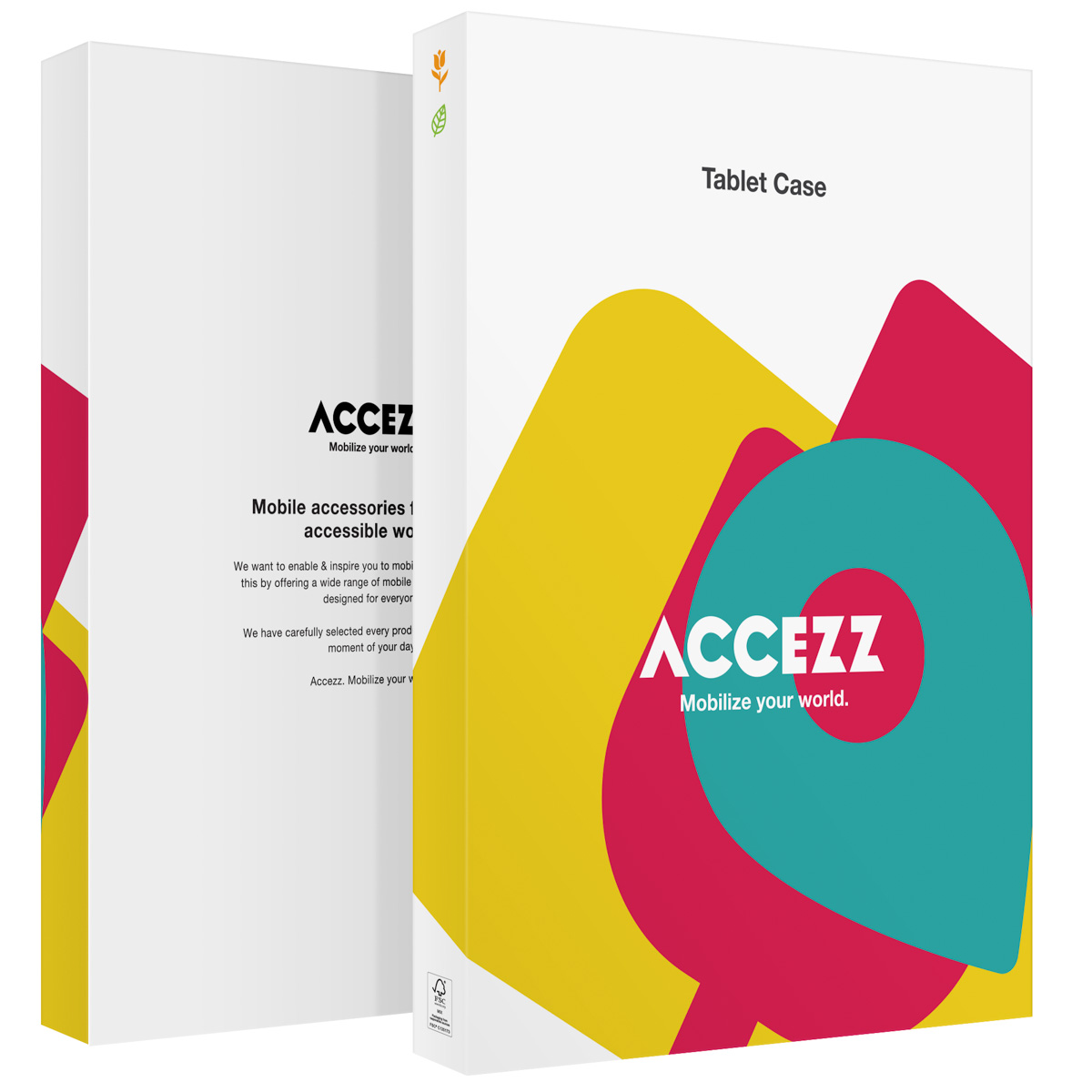 Due scatole di imballaggio bianche per custodie per tablet Accezz con forme geometriche.
