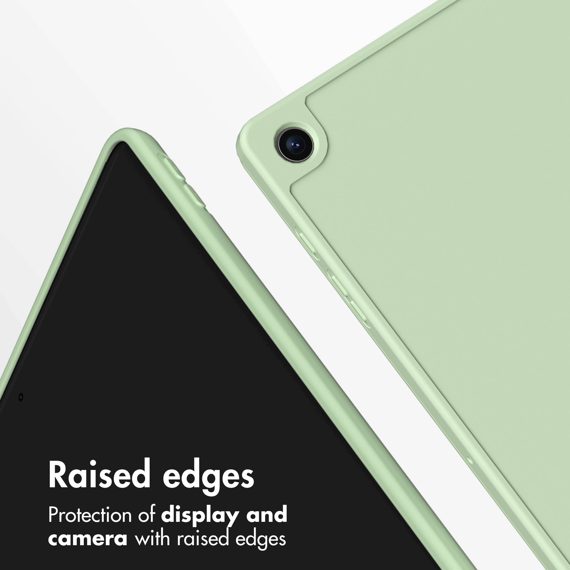 Green tablet case featuring raised edges for display and camera protection.