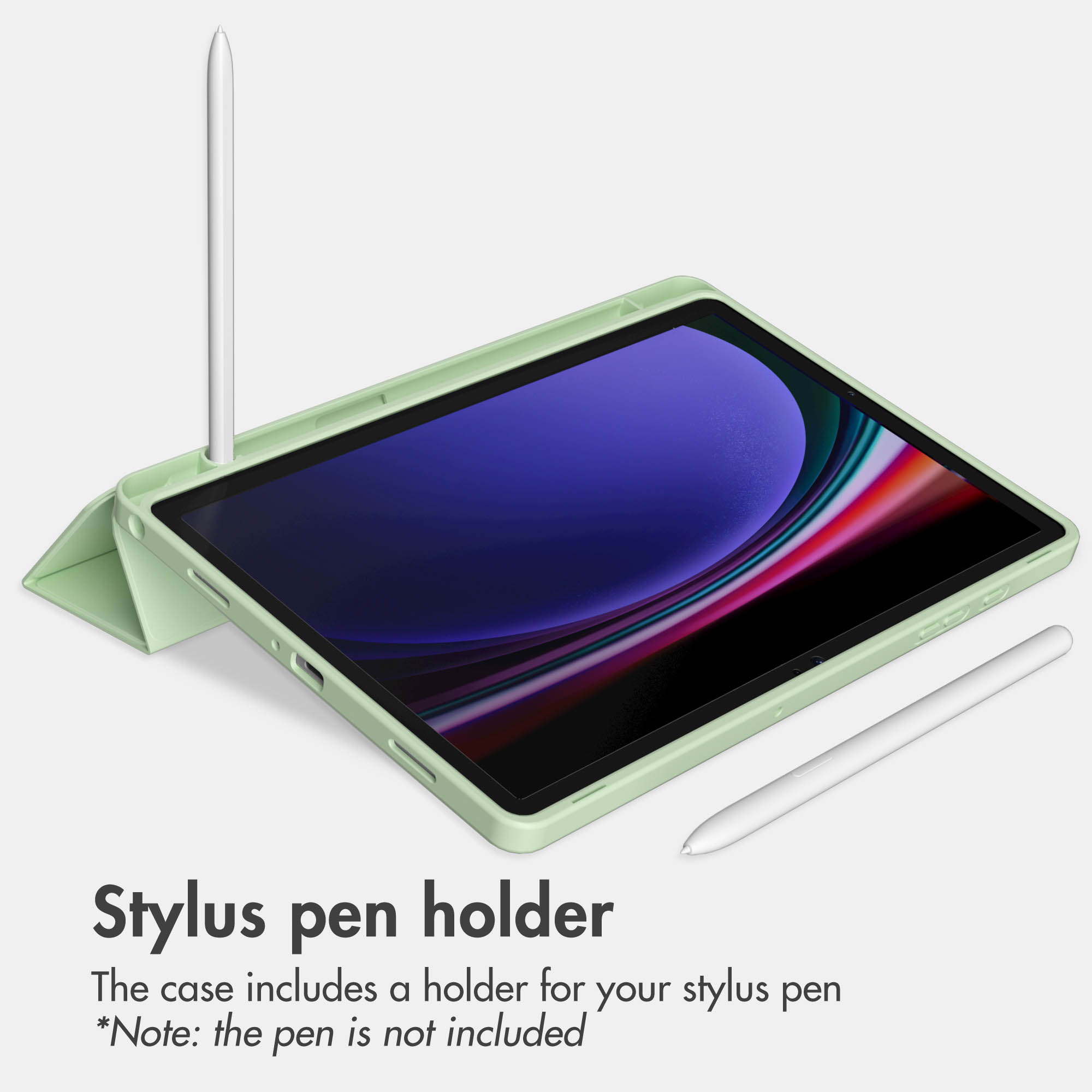Green tablet case with an integrated stylus pen holder on a white background.
