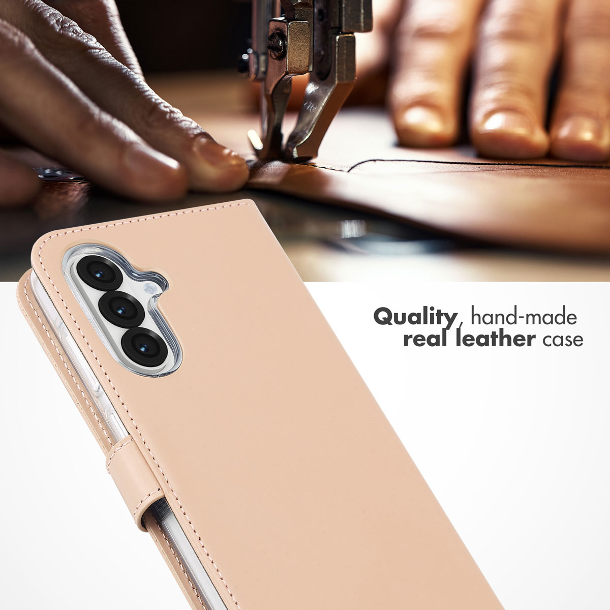 Una funda de móvil de cuero beige en primer plano, con una máquina de coser trabajando cuero de fondo.