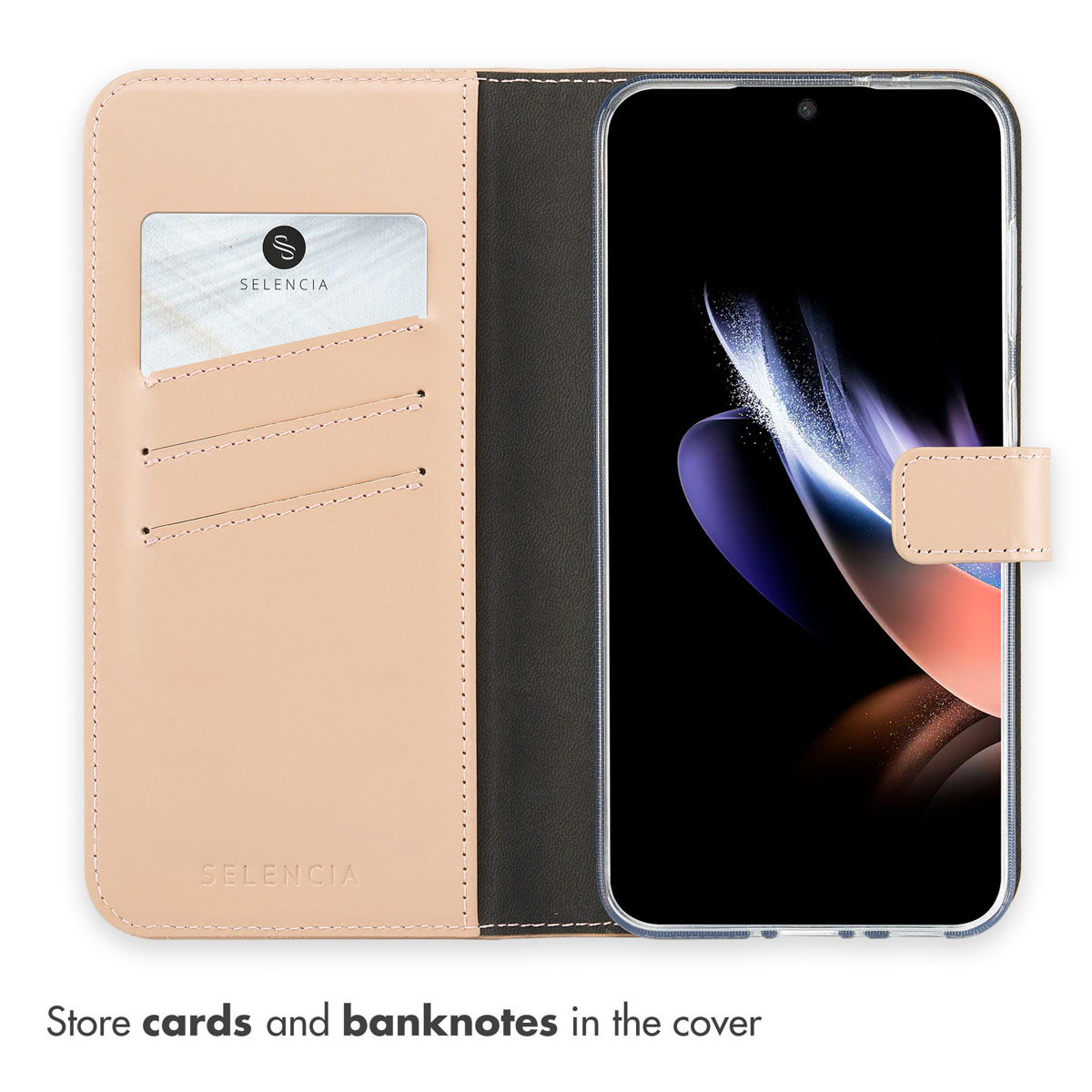 Funda de móvil tipo libro de color melocotón abierto con una tarjeta.