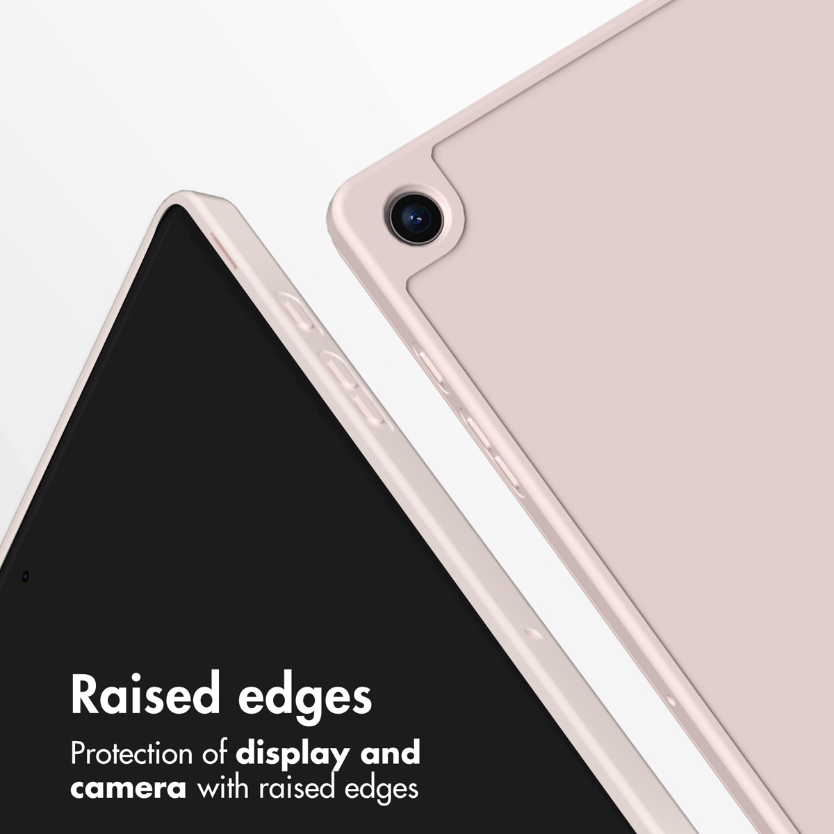 Pink tablet in a protective case, showing raised edges for camera and display.