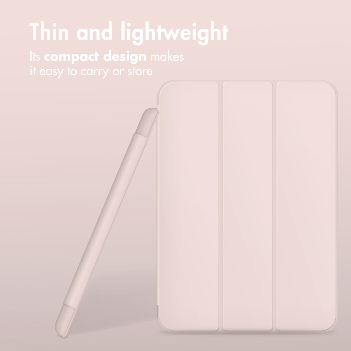 Una sottile custodia per tablet rosa con uno stilo e testo a sinistra.