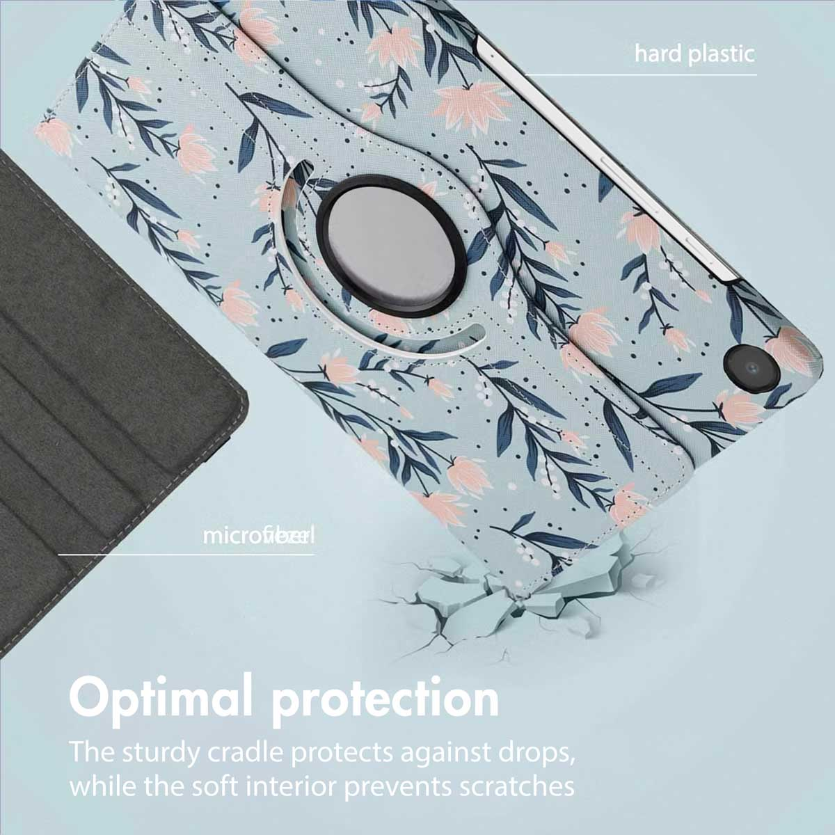 A light blue tablet case with floral pattern, showing hard plastic and microfiber interior for protection.