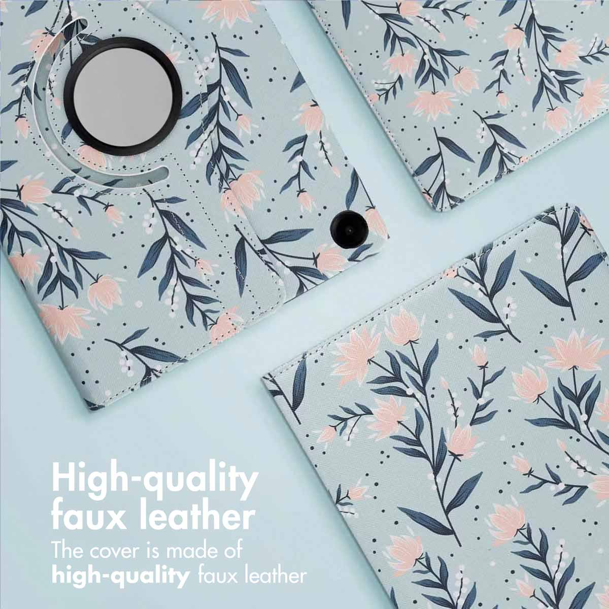 Three mint green tablet cases featuring pink flower and blue leaf patterns against a light background.