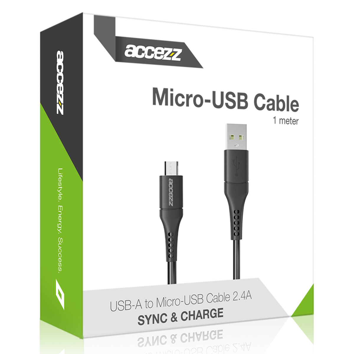 Accezz Micro-USB cable packaging in white, green and black.