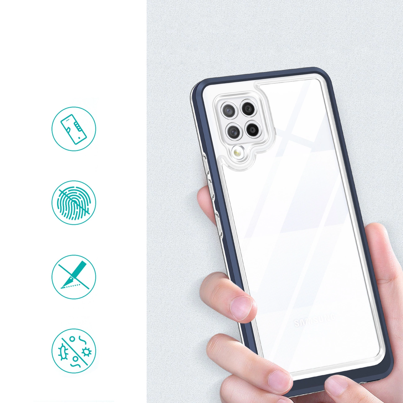 Mano che tiene smartphone Samsung in custodia trasparente con bordo blu, con icone verdi a sinistra.