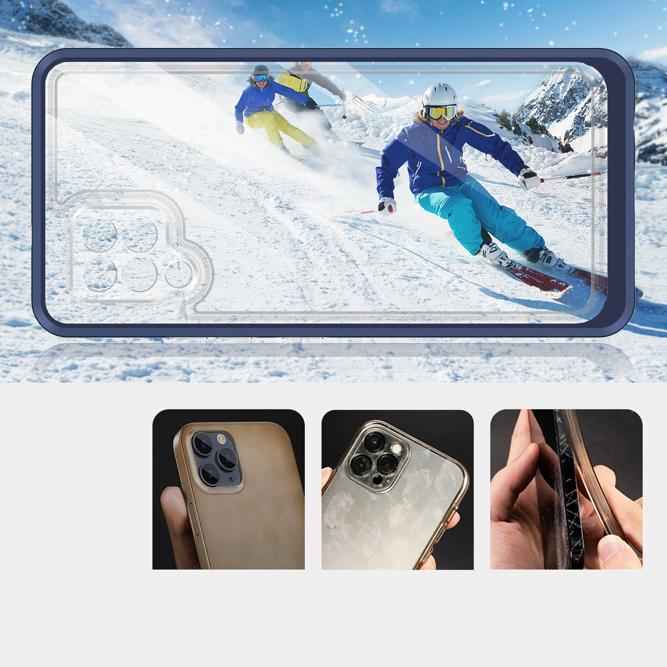 Una cover per telefono con sciatori sullo sfondo e tre immagini di dettaglio.