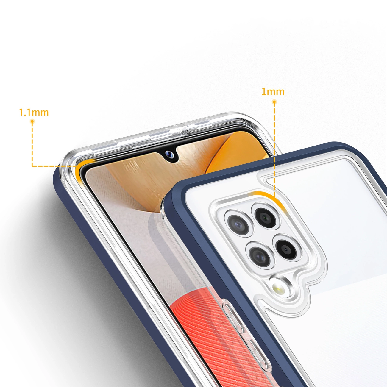 Smartphone in custodia protettiva con bordi di 1,1 mm e 1 mm.
