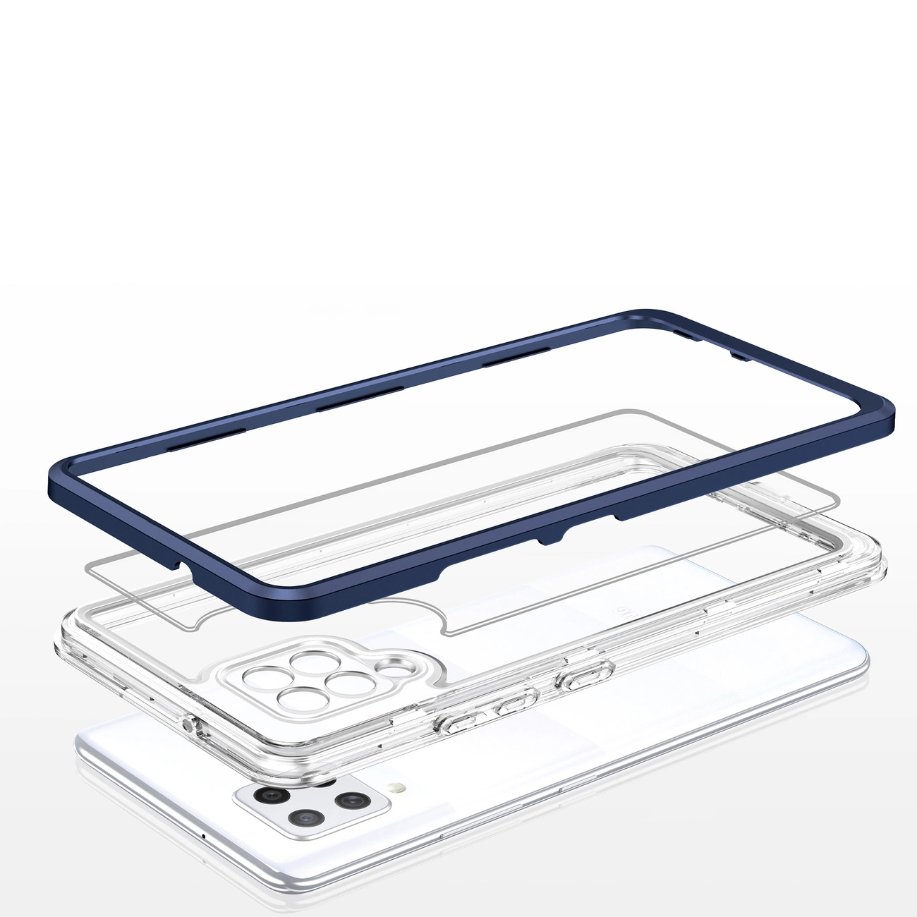 Vista esplosa di una custodia per smartphone con cornice blu, strati trasparenti e telefono bianco su sfondo bianco.