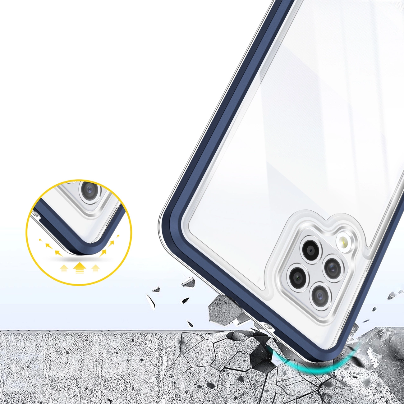 Una custodia protettiva per smartphone lo protegge dall'impatto al suolo con detriti.