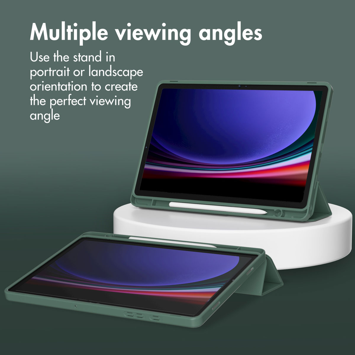 Green tablet cases with stand function and stylus holder against a green background.