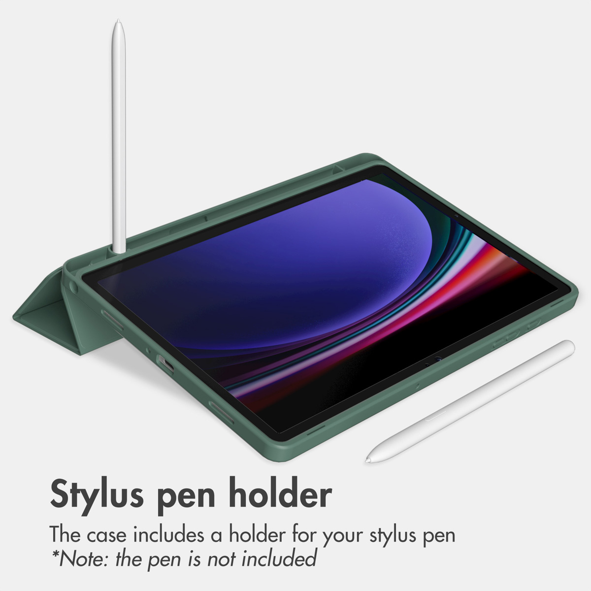 A green tablet case with a stylus pen inserted in its holder and another pen nearby, against a white background.