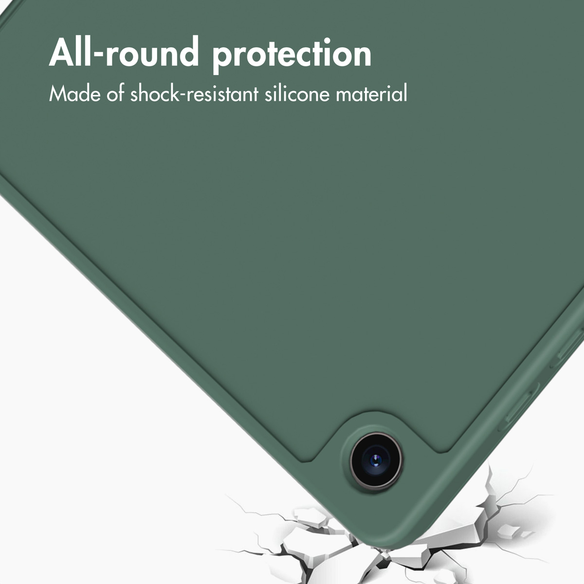 Green silicone tablet case with text "All-round protection" against a cracked white background.