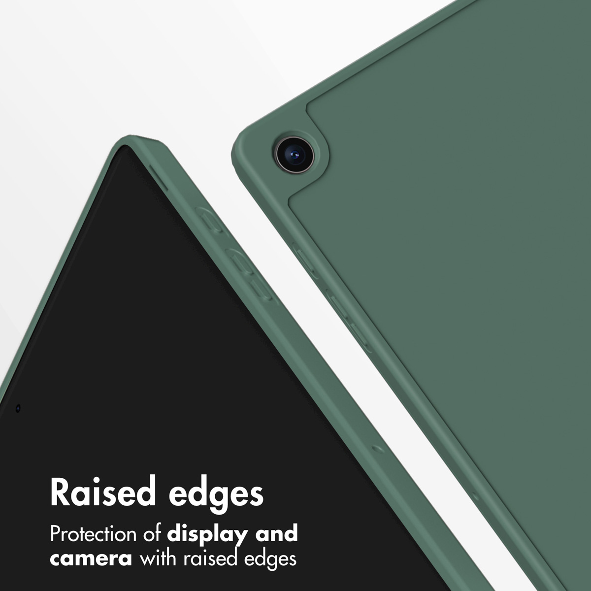 Green tablet case featuring raised edges for display and camera protection.
