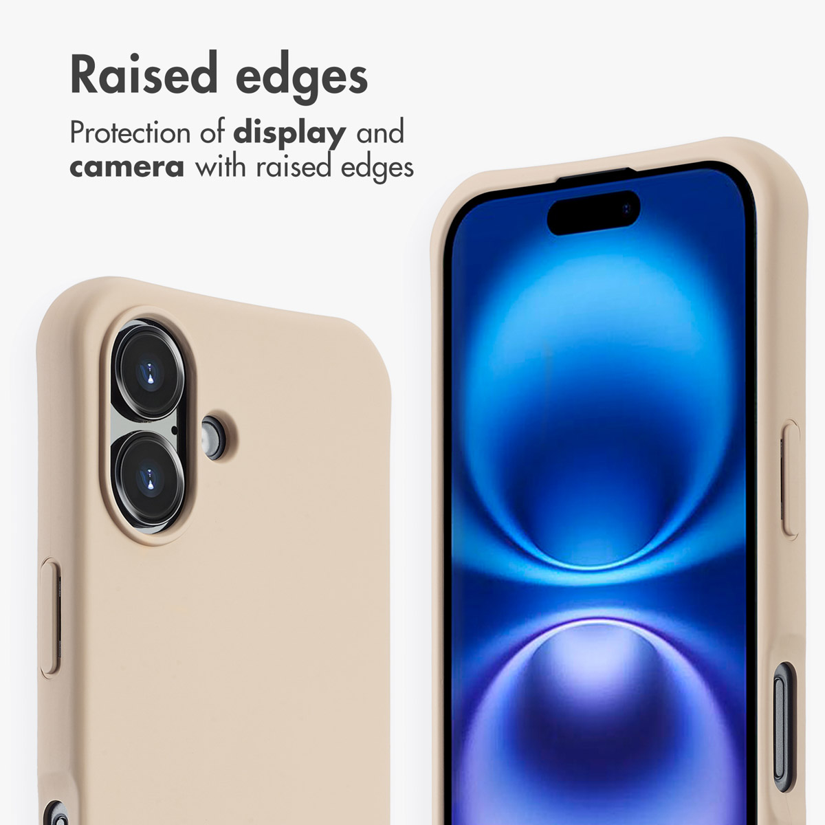 Custodia per smartphone beige con bordi rialzati a protezione di schermo e doppia fotocamera.