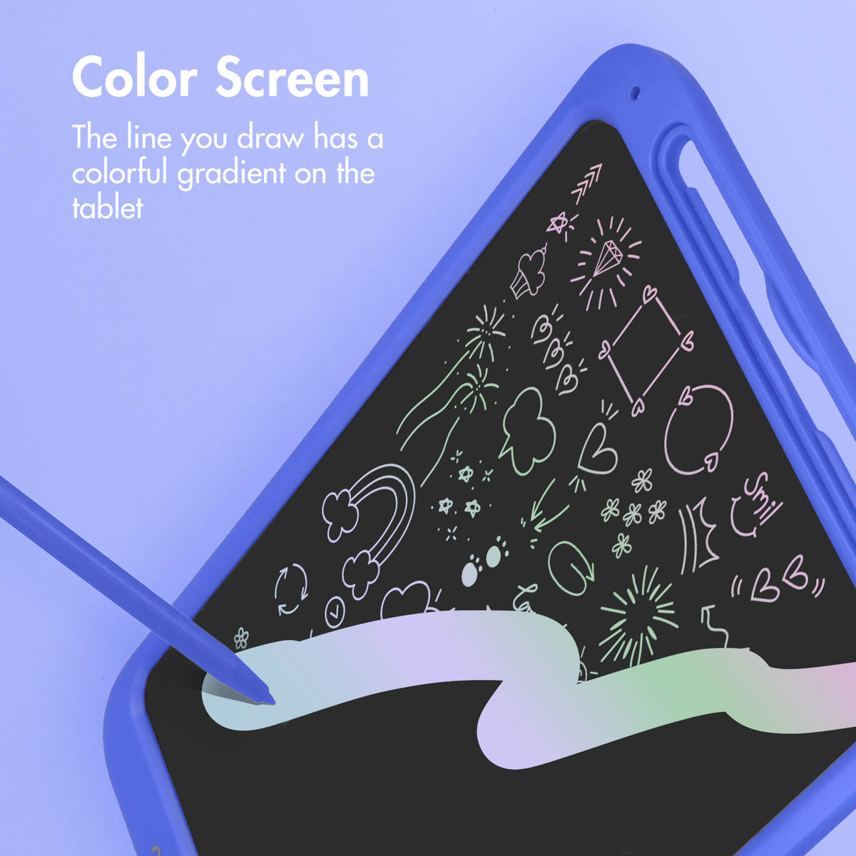 Un tablet di scrittura blu con disegni colorati e uno stilo su sfondo viola.