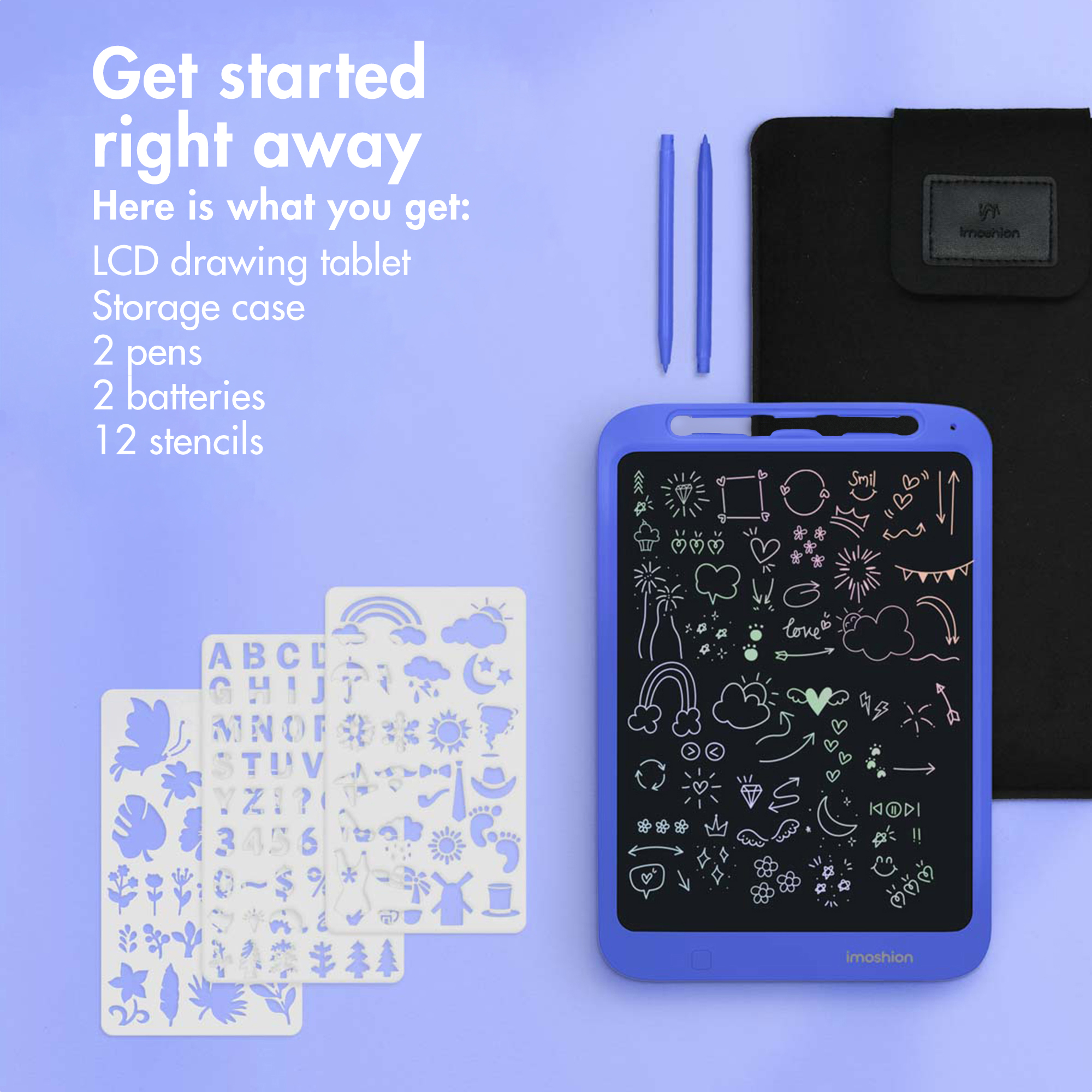 Tavoletta di scrittura LCD con penne, astuccio e stencil su sfondo azzurro.