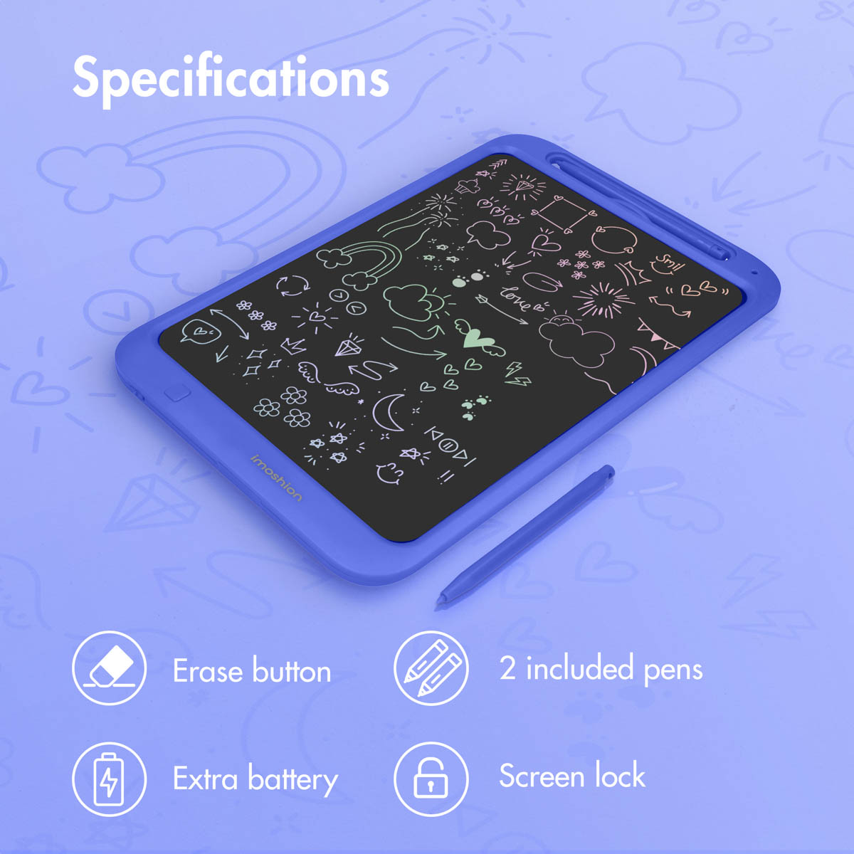 Un tablet di scrittura LCD blu con disegni colorati, uno stilo e icone delle funzioni su sfondo blu.