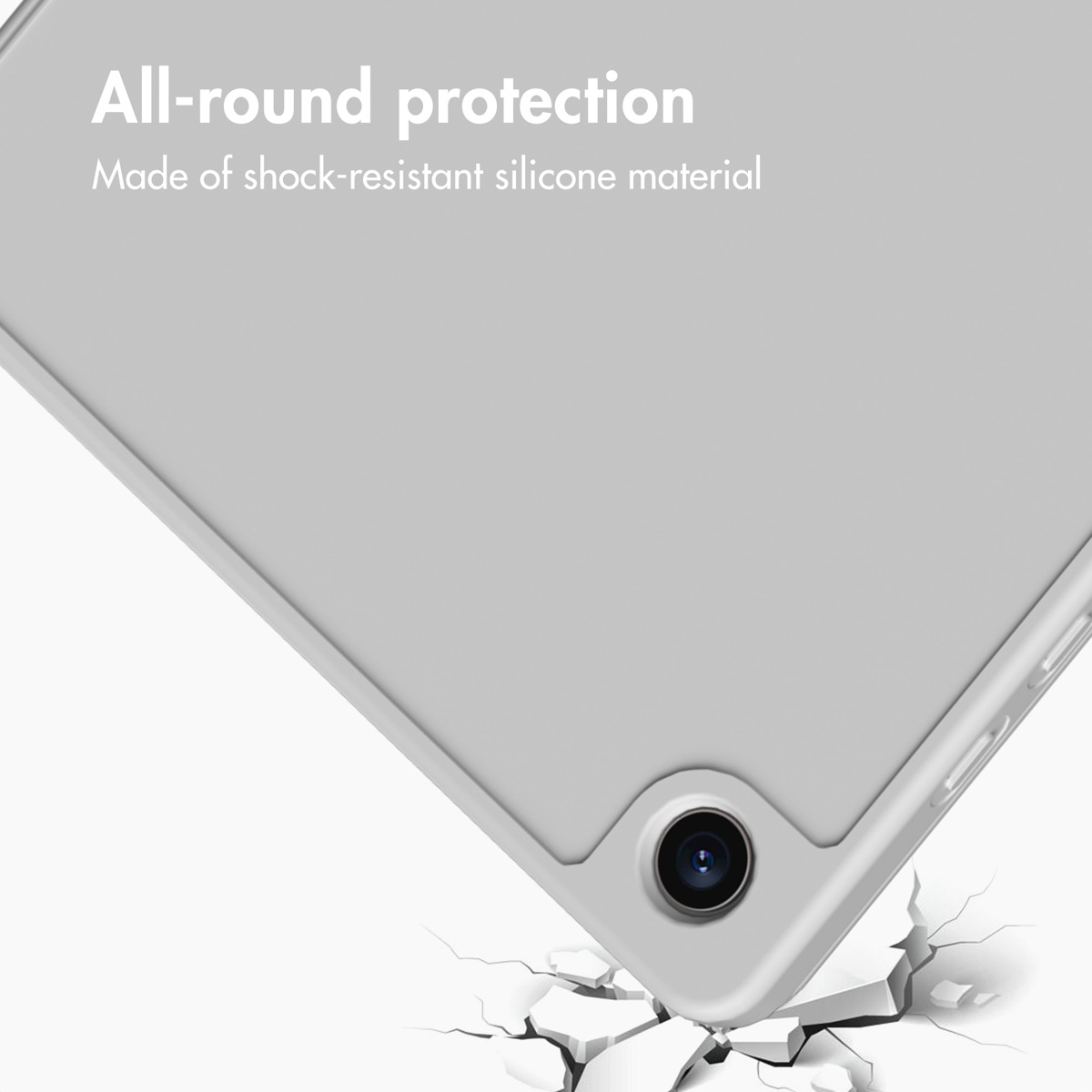 A grey tablet in a protective case with text reading All-round protection and Made of shock-resistant silicone material.