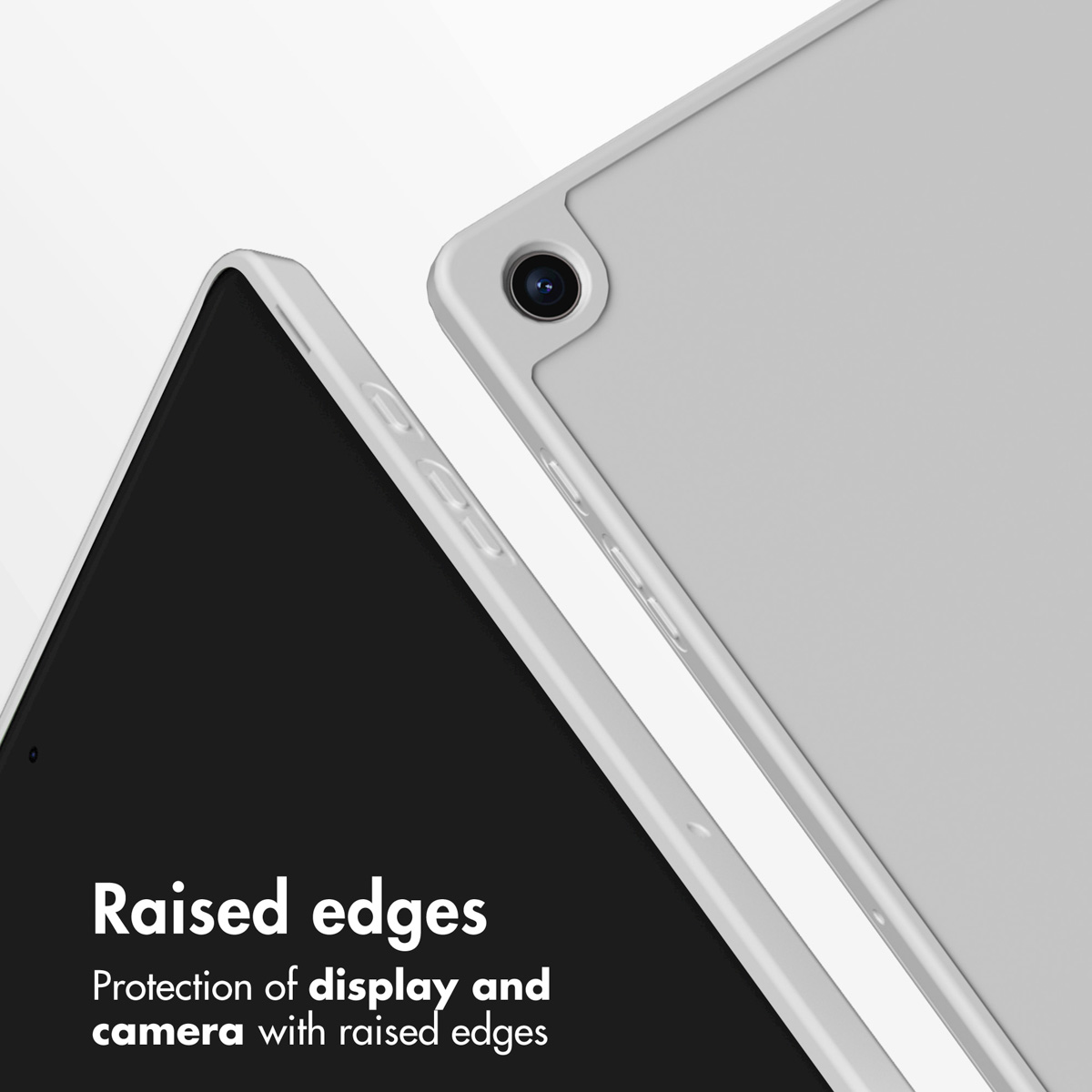 Raised edges protect the display and camera of a tablet inside a white protective case.