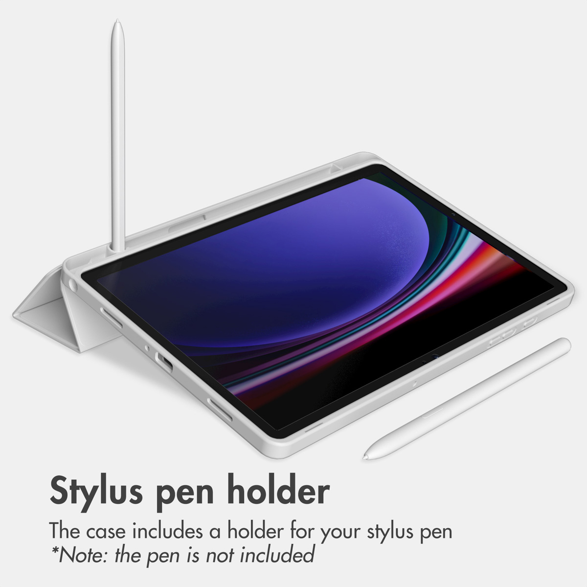 A white tablet in a case with a built-in stylus pen holder against a light background.