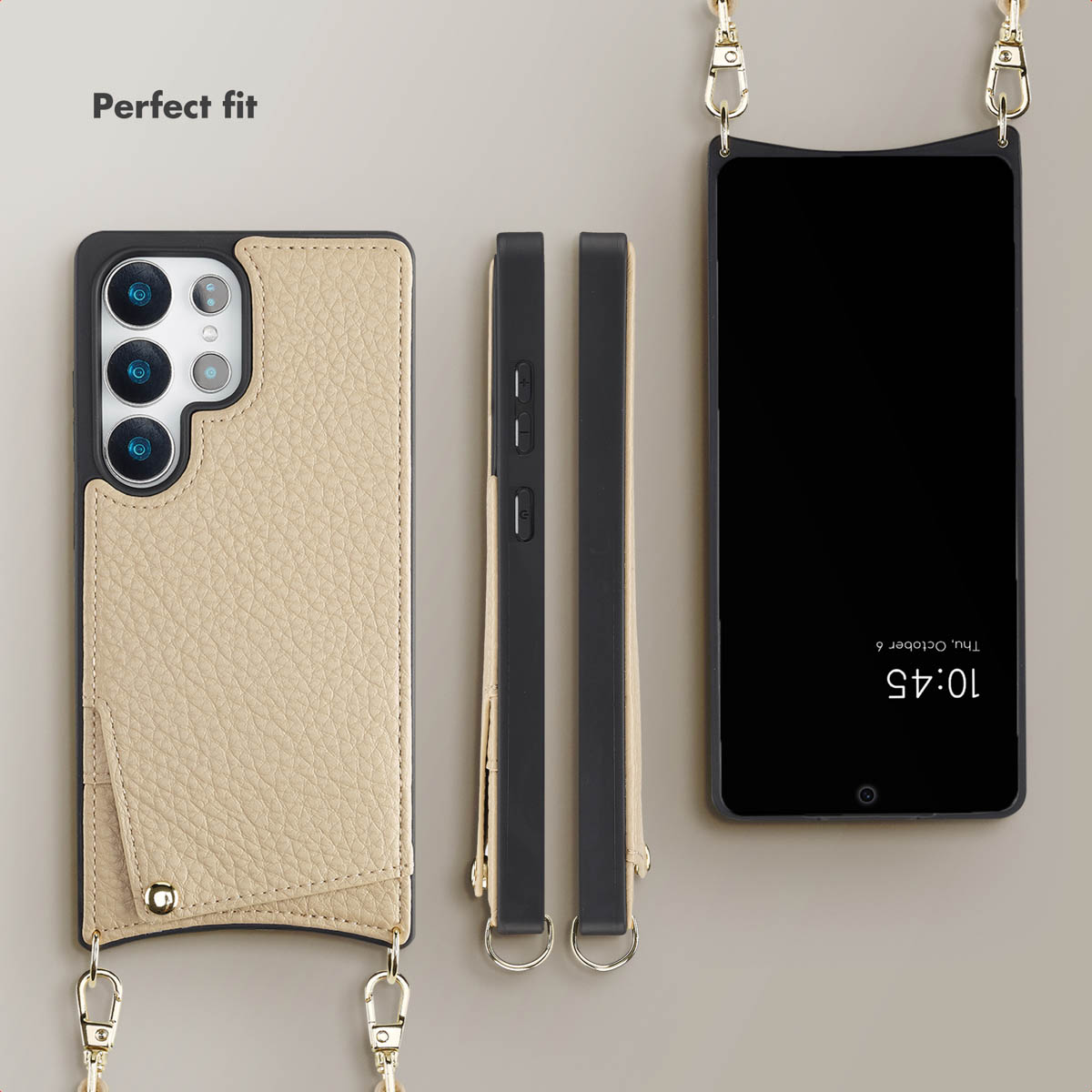 Beige leather phone case with card pocket, shoulder strap, and front and back smartphone views.