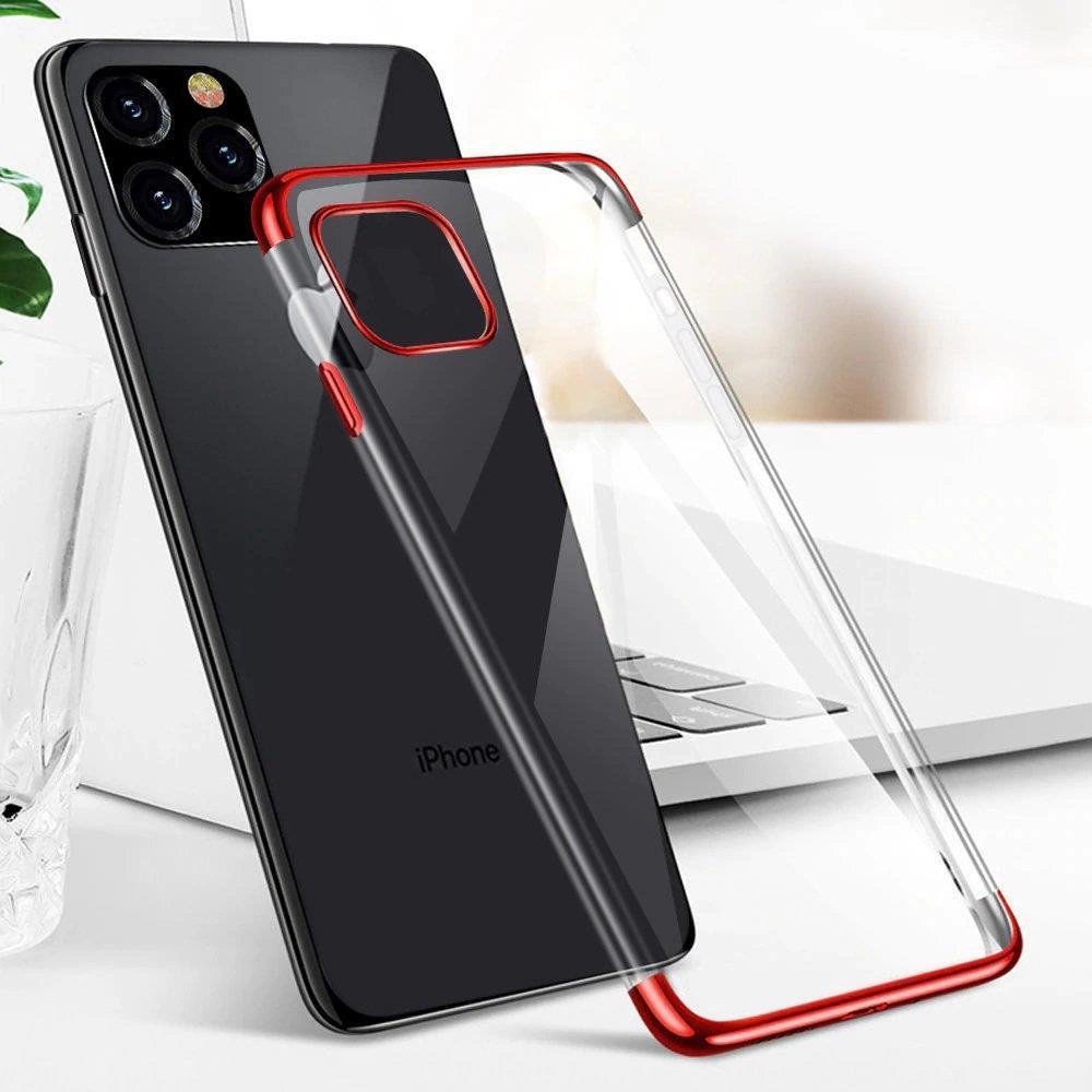 iPhone nero con custodia protettiva trasparente con bordo rosso davanti a un laptop.