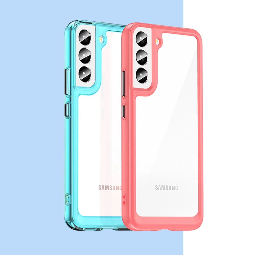 Due smartphone Samsung con custodie trasparenti, uno azzurro e uno rosso corallo, su sfondo blu e bianco.