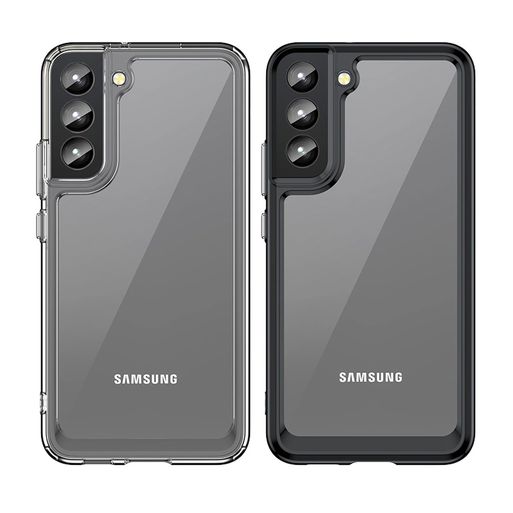 Due smartphone Samsung con custodie protettive, una trasparente e una nera, con tre fotocamere e logo Samsung.