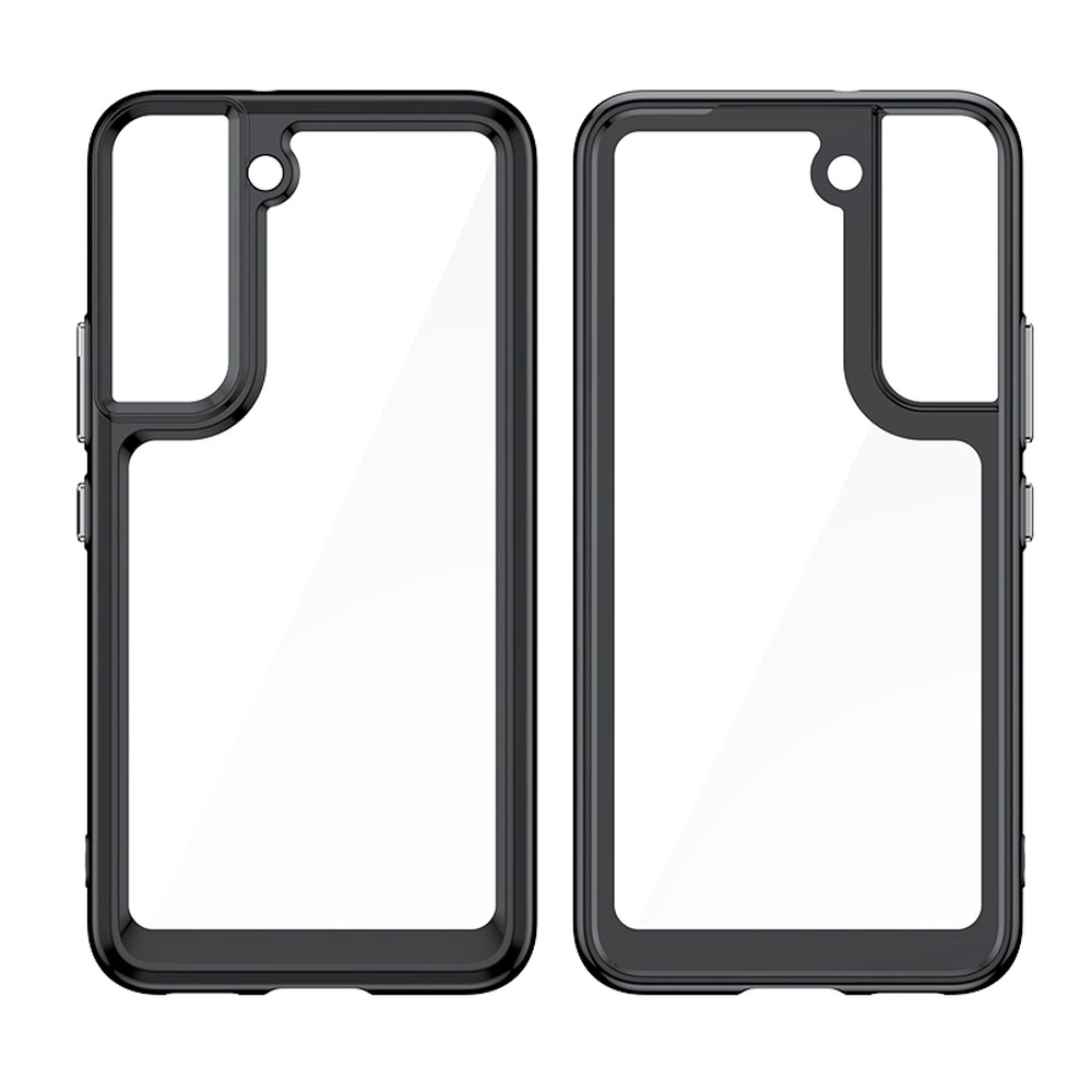Due cover nere per telefono con retro trasparente e ritagli precisi per le fotocamere su sfondo bianco.
