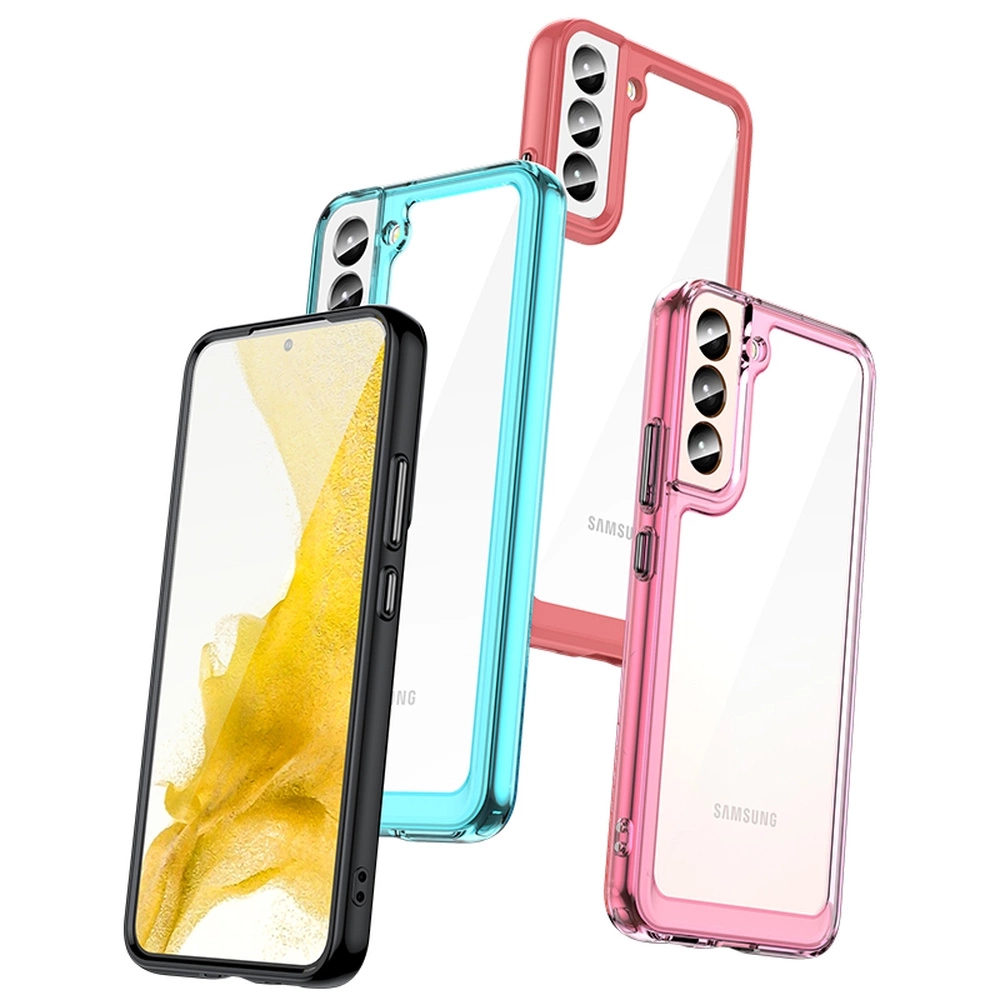 Quattro smartphone con cover protettive colorate in nero, blu, rosso e rosa su sfondo bianco.